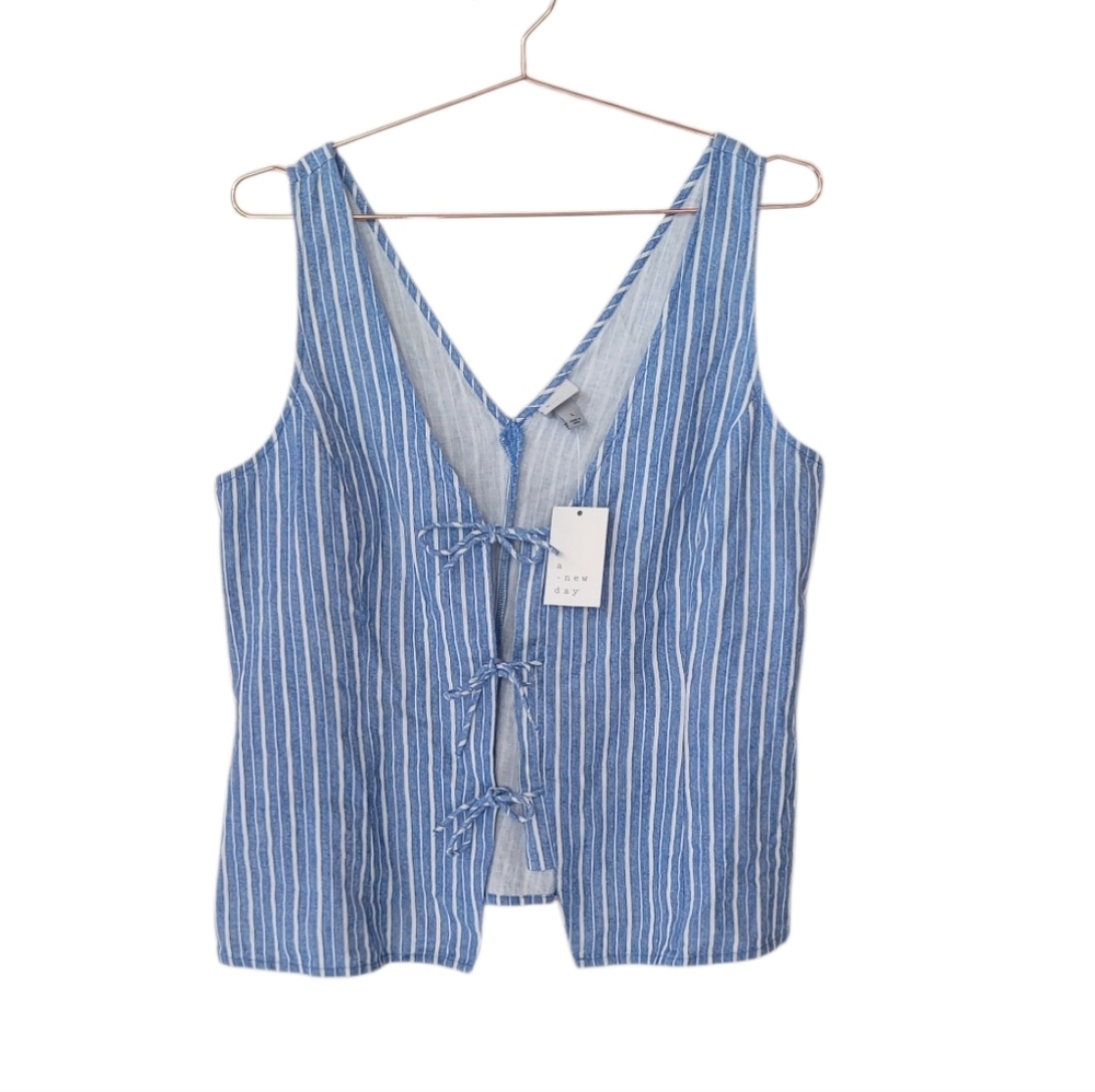 A NEW DAY Blue White Striped Linen Blend Tie Front V-Neck Top Size L